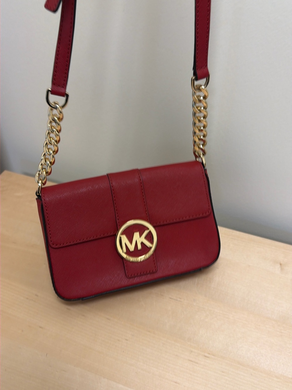 Michael Kors Red Leather Crossbody with Gold MK Emblem